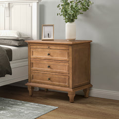 Nightstand with USB Charging Station and Pull-Out Tray in Rubberwood