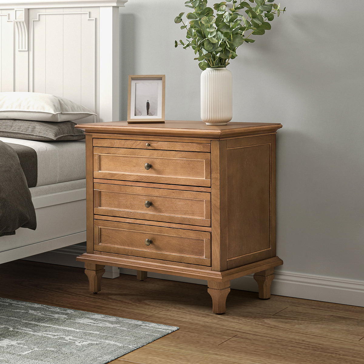 Nightstand with USB Charging Station and Pull-Out Tray in Rubberwood