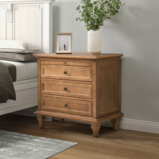 Nightstand with USB Charging Station and Pull-Out Tray in Rubberwood