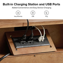 Nightstand with USB Charging Station and Pull-Out Tray in Rubberwood
