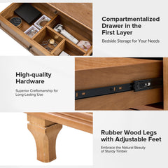 Nightstand with USB Charging Station and Pull-Out Tray in Rubberwood