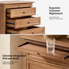 Nightstand with USB Charging Station and Pull-Out Tray in Rubberwood
