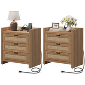 Nightstands, Set of 2, Brown Engineered Wood with Rattan Drawers and Charging Station