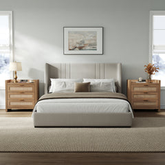 Nightstands, Set of 2, Brown Engineered Wood with Rattan Drawers and Charging Station