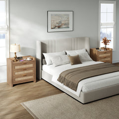 Nightstands, Set of 2, Brown Engineered Wood with Rattan Drawers and Charging Station
