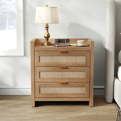 Nightstands, Set of 2, Brown Engineered Wood with Rattan Drawers and Charging Station