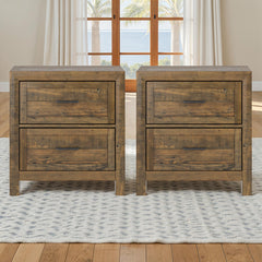 Nightstands, Set of 2, Brown Pine Wood with 2 Drawers