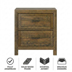 Nightstands, Set of 2, Brown Pine Wood with 2 Drawers