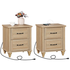 Nightstands, Set of 2, Engineered Wood, Built-In Outlet and USB Ports, Oak