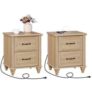 Nightstands, Set of 2, Engineered Wood, Built-In Outlet and USB Ports, Oak
