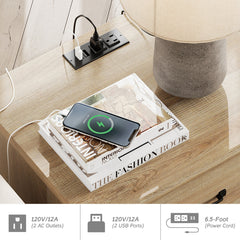 Nightstands, Set of 2, Engineered Wood, Built-In Outlet and USB Ports, Oak