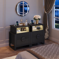 Nightstands, Set of 2, MDF, Black, 2 Drawers, USB Charging, LED Lights