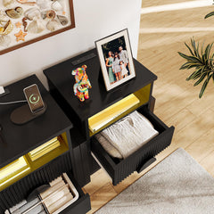 Nightstands, Set of 2, MDF, Black, 2 Drawers, USB Charging, LED Lights