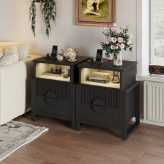 Nightstands, Set of 2, MDF, Black, 2 Drawers, USB Charging, LED Lights