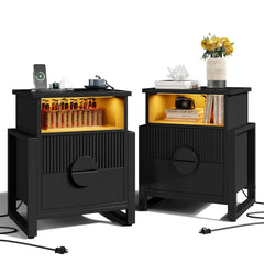 Nightstands, Set of 2, MDF, Black, 2 Drawers, USB Charging, LED Lights