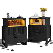 Nightstands, Set of 2, MDF, Black, 2 Drawers, USB Charging, LED Lights