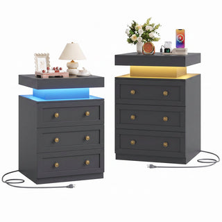 Nightstands, Set of 2, MDF, Floating Top, LED Lighting, 6 Drawers