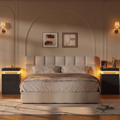 Nightstands, Set of 2, MDF, Floating Top, LED Lighting, 6 Drawers