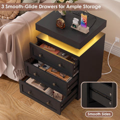 Nightstands, Set of 2, MDF, Floating Top, LED Lighting, 6 Drawers