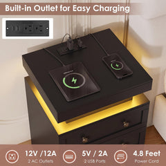 Nightstands, Set of 2, MDF, Floating Top, LED Lighting, 6 Drawers