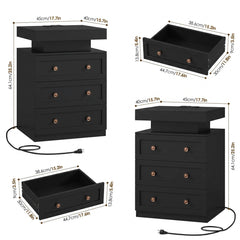 Nightstands, Set of 2, MDF, Floating Top, LED Lighting, 6 Drawers