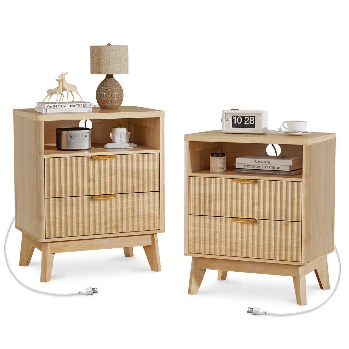 Nightstands, Set of 2, Natural with Fluted Design