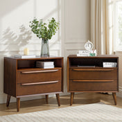 Nightstands, Set of 2, Rubberwood with Two Drawers and Open Shelf in Walnut
