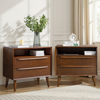 Nightstands, Set of 2, Rubberwood with Two Drawers and Open Shelf in Walnut