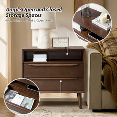 Nightstands, Set of 2, Rubberwood with Two Drawers and Open Shelf in Walnut