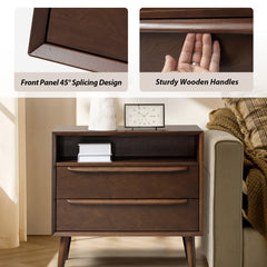 Nightstands, Set of 2, Rubberwood with Two Drawers and Open Shelf in Walnut