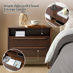 Nightstands, Set of 2, Rubberwood with Two Drawers and Open Shelf in Walnut