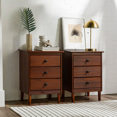 Nightstands, Set of 2, Solid Pine and MDF, 3 Drawers, Walnut