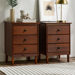 Nightstands, Set of 2, Solid Pine and MDF, 3 Drawers, Walnut