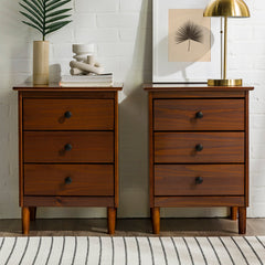 Nightstands, Set of 2, Solid Pine and MDF, 3 Drawers, Walnut
