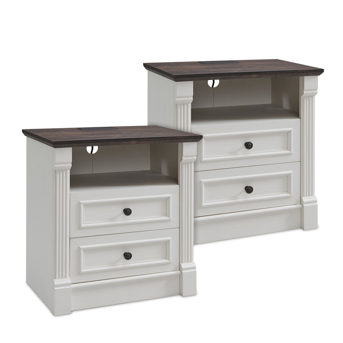 Nightstands, Set of 2, Vintage White with Roman Column Legs and USB Ports