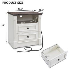 Nightstands, Set of 2, Vintage White with Roman Column Legs and USB Ports
