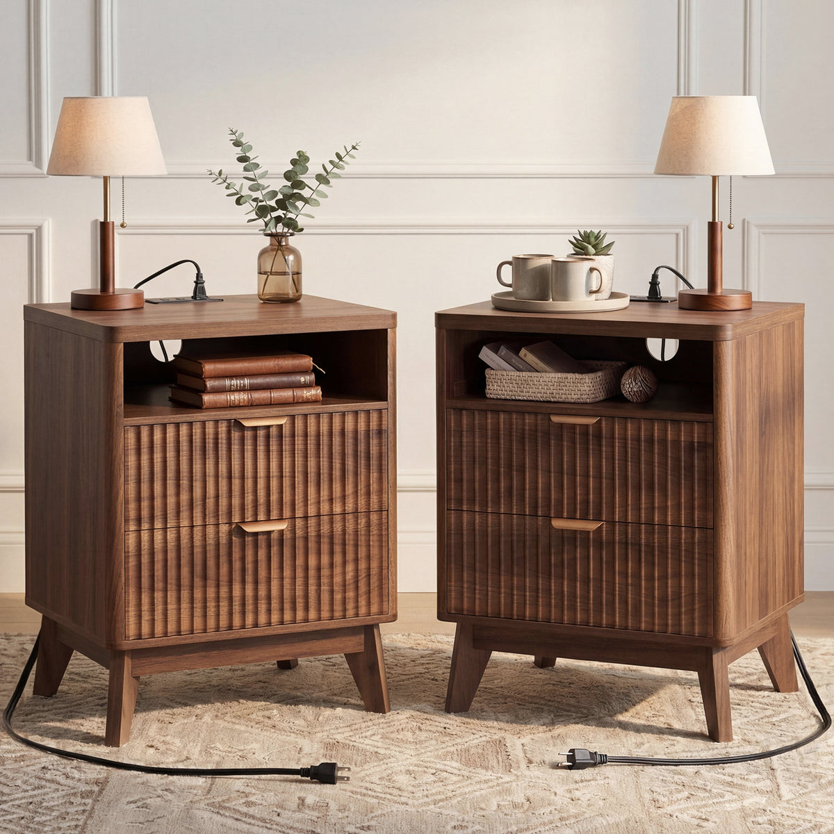 Nightstands, Set of 2, Walnut with Fluted Design