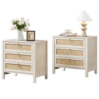 Nightstands, Set of 2, White Engineered Wood with Woven Rattan Drawer Fronts