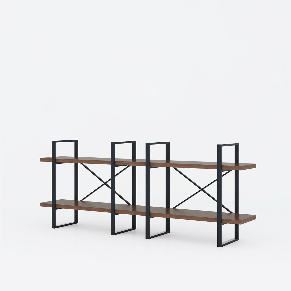 Open Shelf Bookcase, 2 Shelves, Antique Walnut with Metal Frame