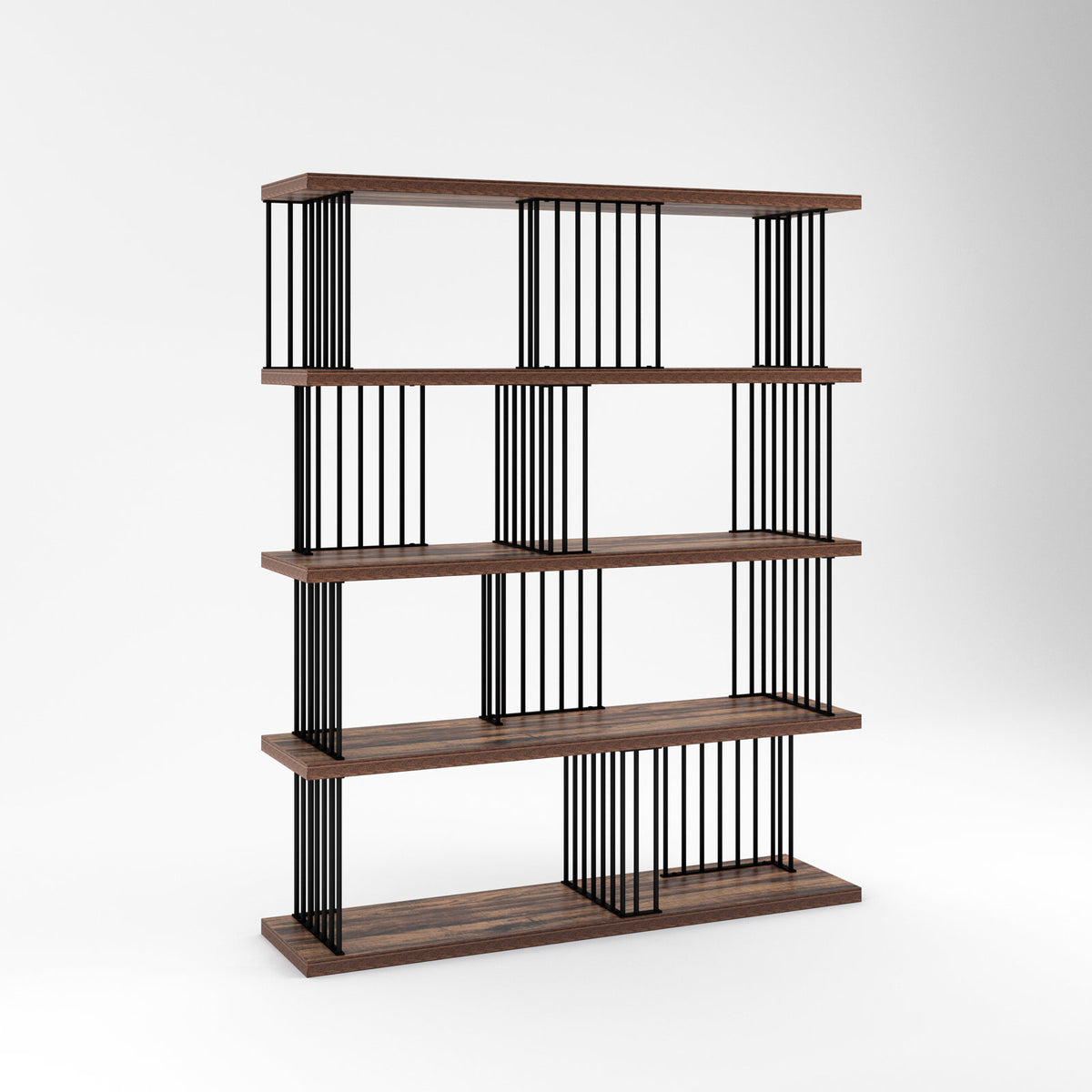 Open Shelf Bookcase, 4 Shelves, Black Metal Frame with Rustic Brown Shelves