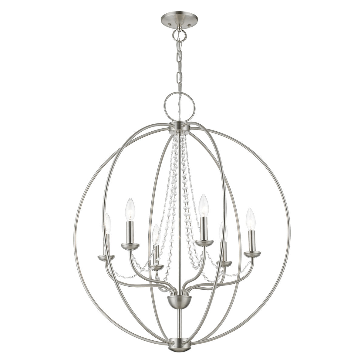 Orb Chandelier, 6-Light, Steel and Crystal in Brushed Nickel