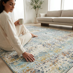 Oriental Area Rug, 7'10" x 10'1", Teal, Ivory and Gray