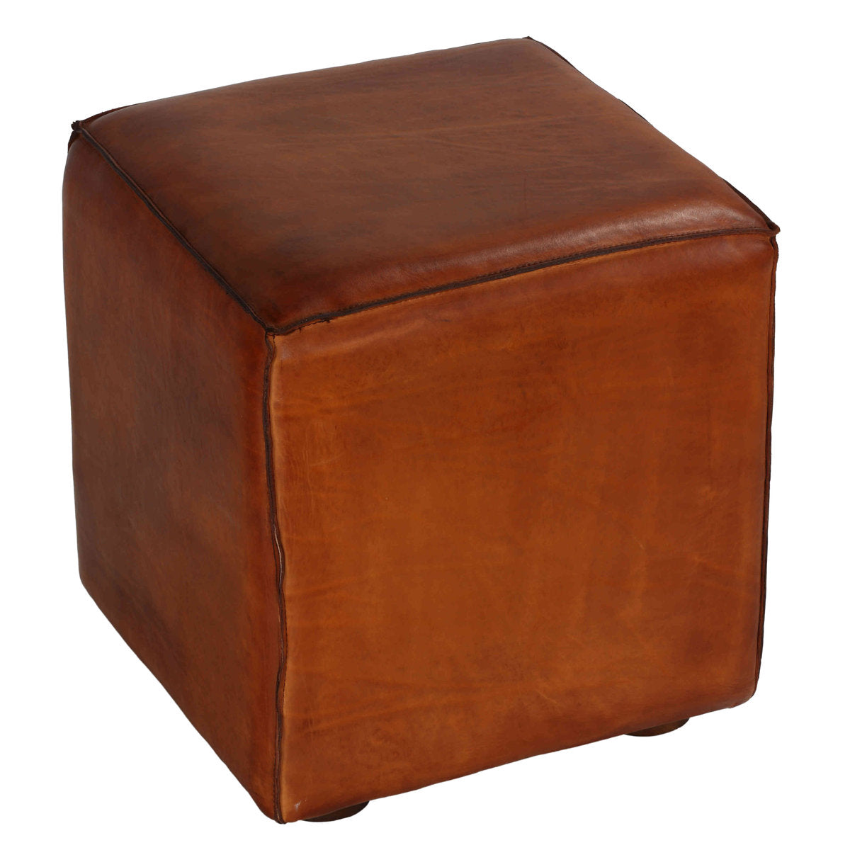 Ottoman, 16.5 in Square, Brown Genuine Leather with Solid Wood Legs