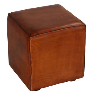 Ottoman, 16.5 in Square, Brown Genuine Leather with Solid Wood Legs