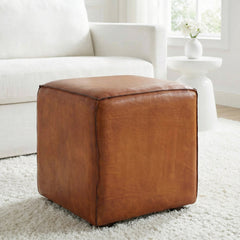 Ottoman, 16.5 in Square, Brown Genuine Leather with Solid Wood Legs