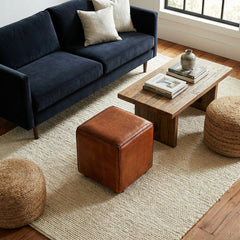 Ottoman, 16.5 in Square, Brown Genuine Leather with Solid Wood Legs