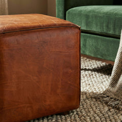 Ottoman, 16.5 in Square, Brown Genuine Leather with Solid Wood Legs