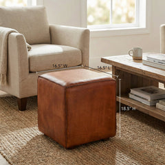 Ottoman, 16.5 in Square, Brown Genuine Leather with Solid Wood Legs