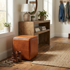 Ottoman, 16.5 in Square, Brown Genuine Leather with Solid Wood Legs