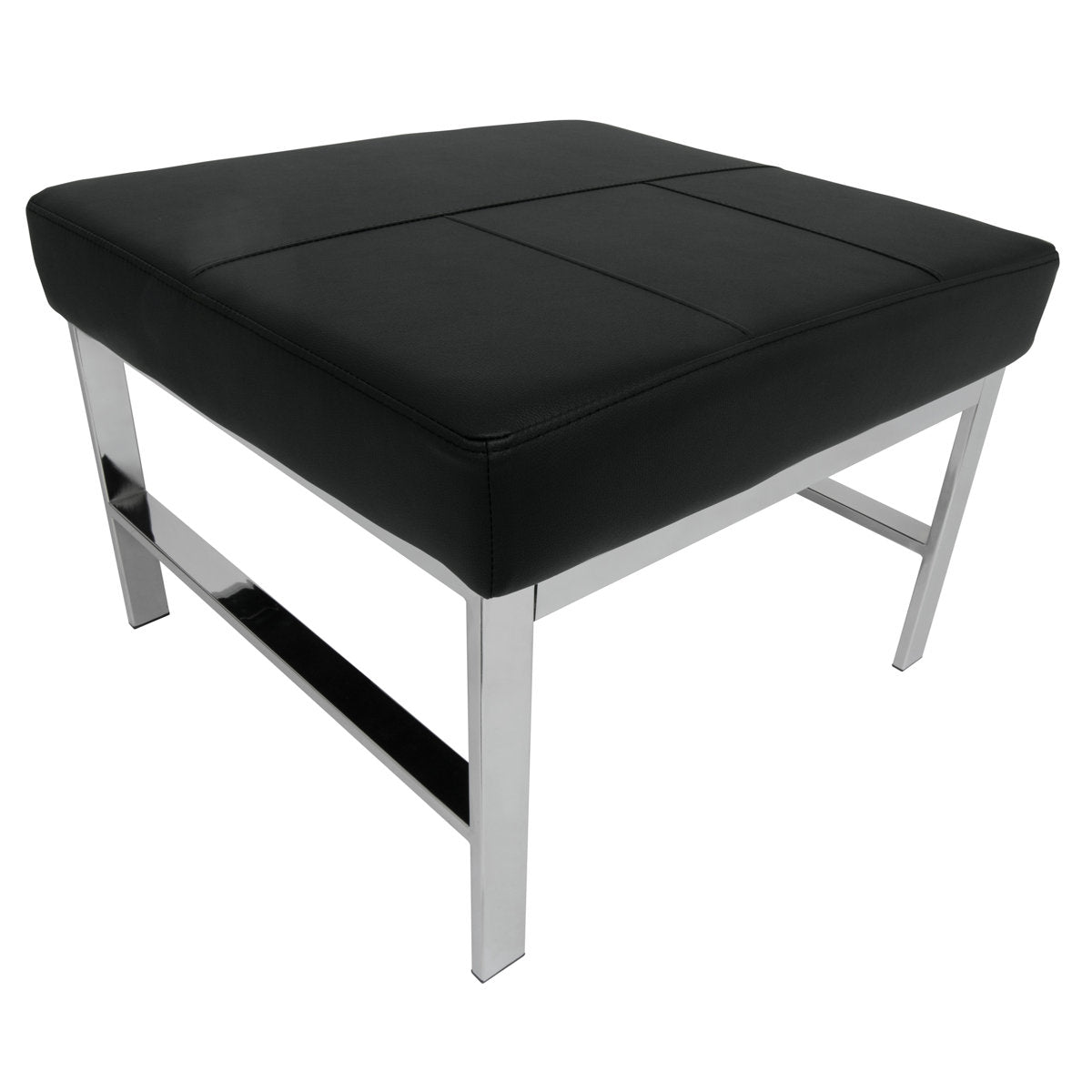 Ottoman, 24 Inch Wide, Black Faux Leather with Chrome Metal Legs